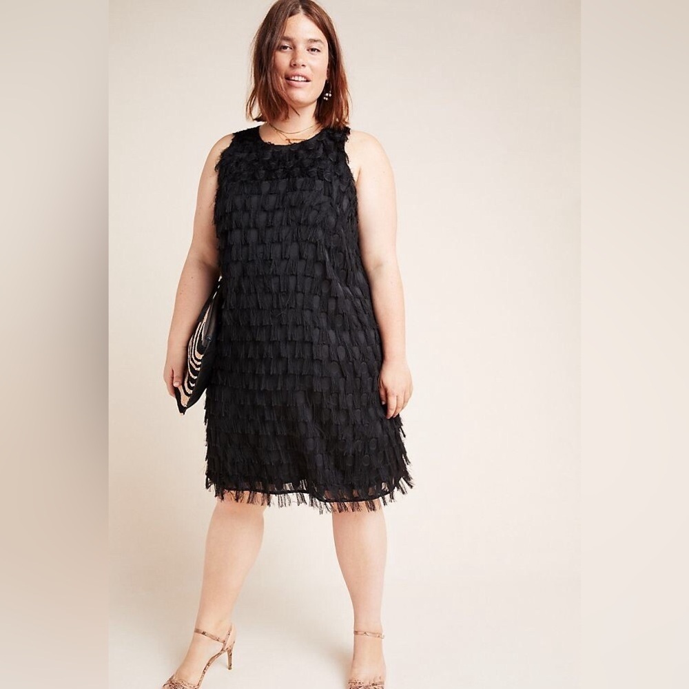 Anthropologie Black Roxie Textured Fringe Dress, Size 16W